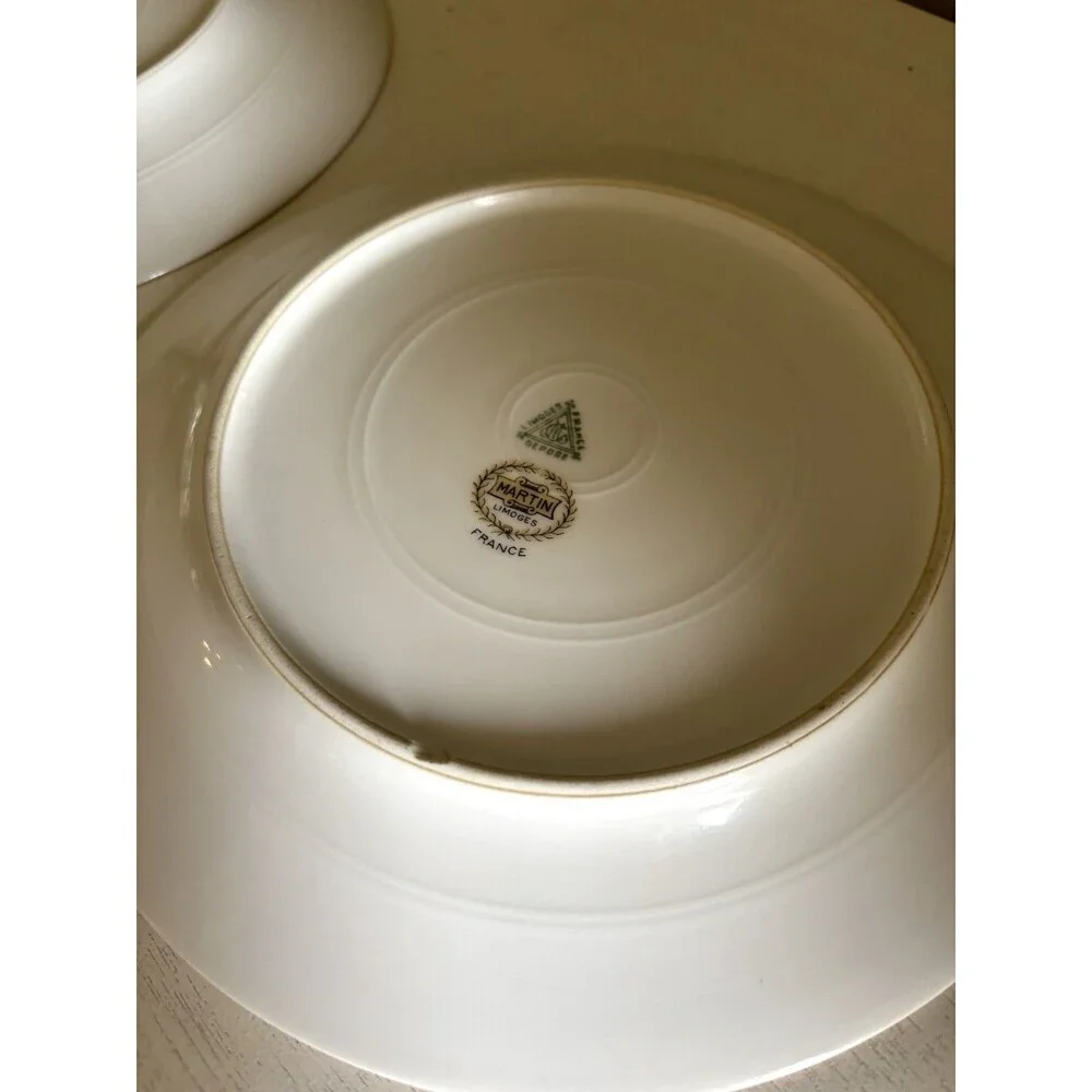 Vtg Pair 2 Appetizer Salad Plates Limoges France 8.5” Stripe Gold Trim Art Deco